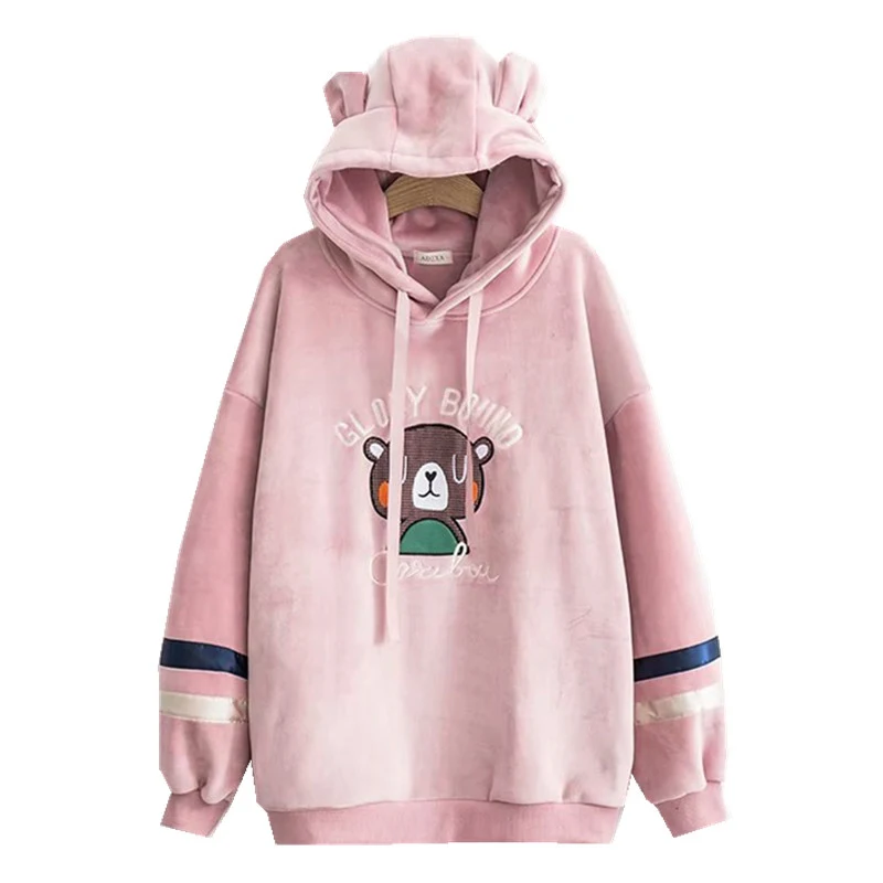 Harajuku кавайный мультяшный медведь вышивка Кофты для женщин зима плюс бархат теплый сладкий розовый толстовки для девочек с ушками на капюшоне