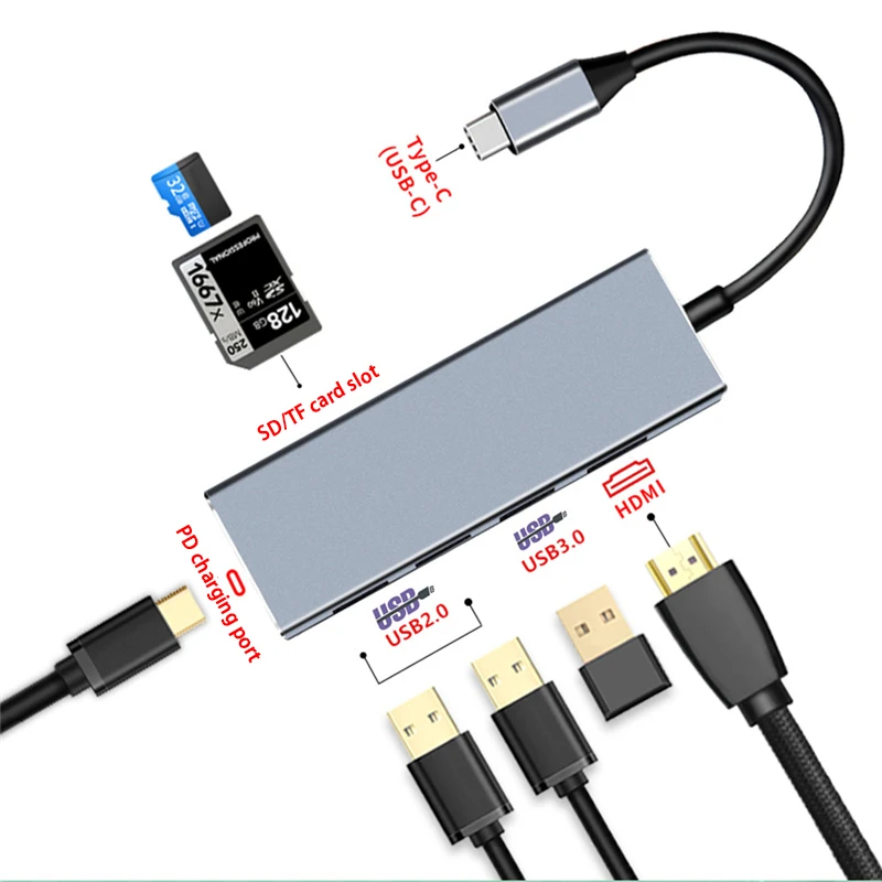 Металлический док-станция для USB3.0 7-в-1 с HDMI Выход SD/TF слот для карт Поддержка PD зарядки Вход для Macbook Matebook ASUS для йоги