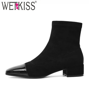 

WETKISS Stretch Flock Ankle Boots Women Sock Booties Female Square Toe Thick Heels Shoes Ladies Fashion Shoes Autumn 2020 New