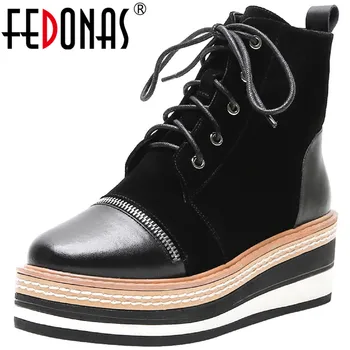 

FEDONAS Fashion Genuine Leather Women Ankle Boots Mixed Colors Wedged Platform High Heels Shoes Woman Working Party Winter Shoes