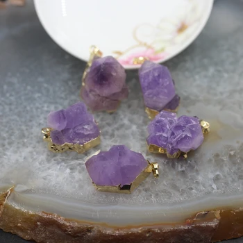 

5pcs/lot,Natural Amethysts Raw Nugget Mineral Specimen Pendants Bulk,Plating Golden Purple Quartz Stone Charms Jewelry Making