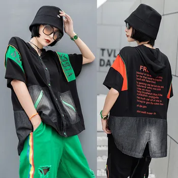 

Denim pocket stitching hooded T-shirt hip-hop style top knitting letter bat sleeve Print Tshirt Tees Tops