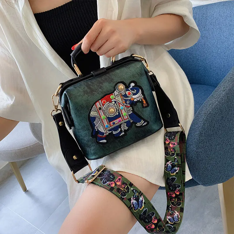 

Louis Brand Leather Elephant Doctor Handbags Embroidery Design Fashion Bag for Women Wide Strap Brand Small Ladies Shoulder Bags