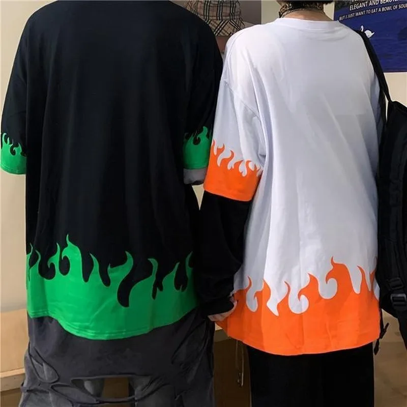 Woherb Harajuku футболка с принтом пламени Поддельные 2 шт. Лоскутная Повседневная футболка с длинным рукавом женская и мужская пара уличная одежда топы