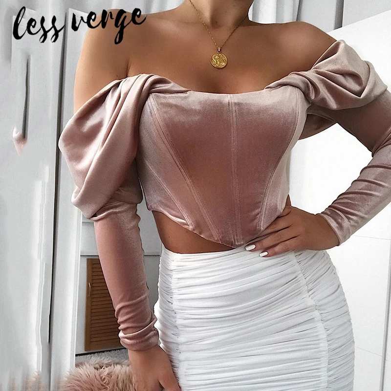 

lessverge Elegant long sleeve sexy pink blouse shirt Slash neck autumn winter womens crop top Ruffles knitted streetwear blusas