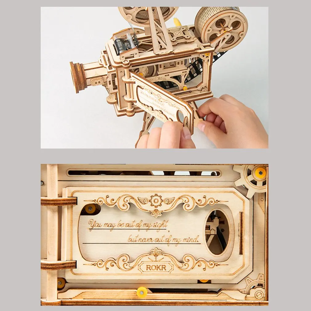 Hand Crank Diy 3D Film Projector Wooden Model Building Kit Assembly Vitascope Toy Gift for Children Adult