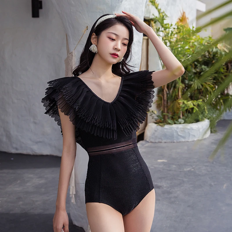 STAERK 2020 female black sexy one-piece Chiffon Ruffle Swimwear Women Retro Vintage Bathing Suits Beachwear Swim Wear Monokini
