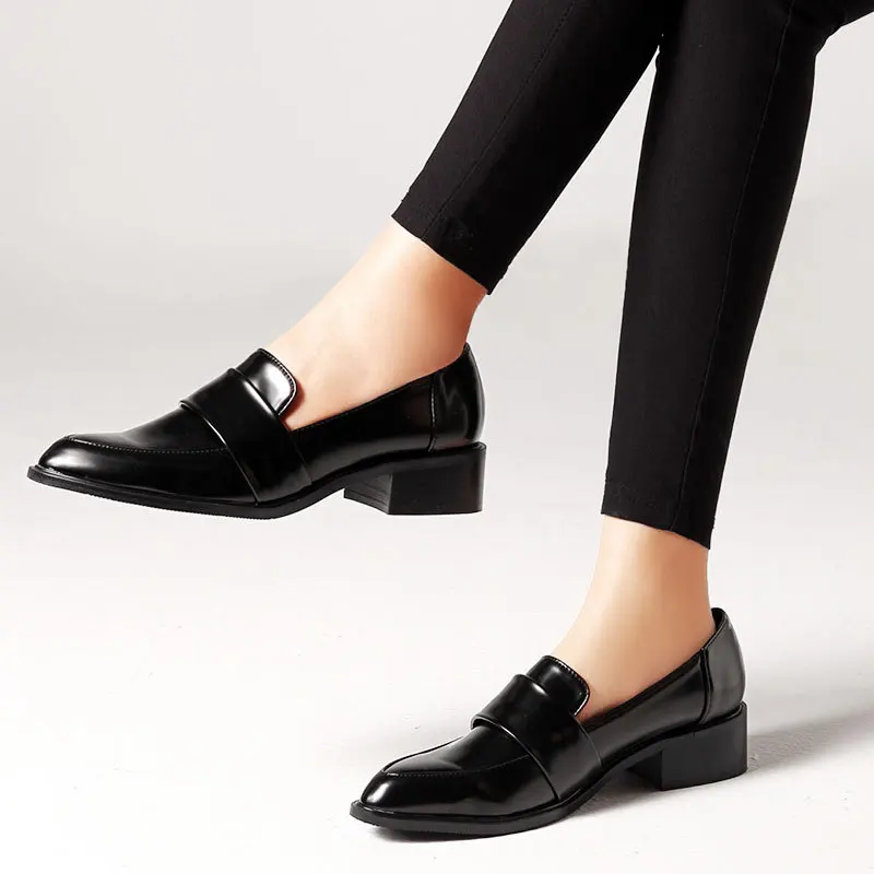 Chunky heels japanned leather shoes woman pointed toe large sizes 35-42 flats slip on casual comfy loafers solid brief moccasins 3