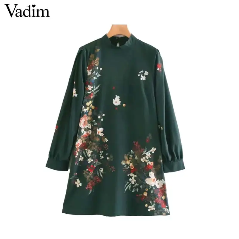 Vadim women elegant floral print mini dress straight style long sleeve pockets female retro stylish dresses vestidos QC910