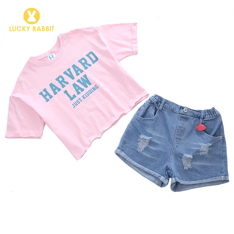 Casual Korea Street Style Kids Children Clothing Set Girls Two Piece Tee-shirt And Denim Shorts Matching Outfit Set