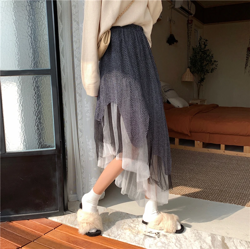 Faldas mujer moda темперамент сладкий стиль Осень Зима Новая юбка с высокой талией лоскутное Империя Асимметричная женская одежда Горячая