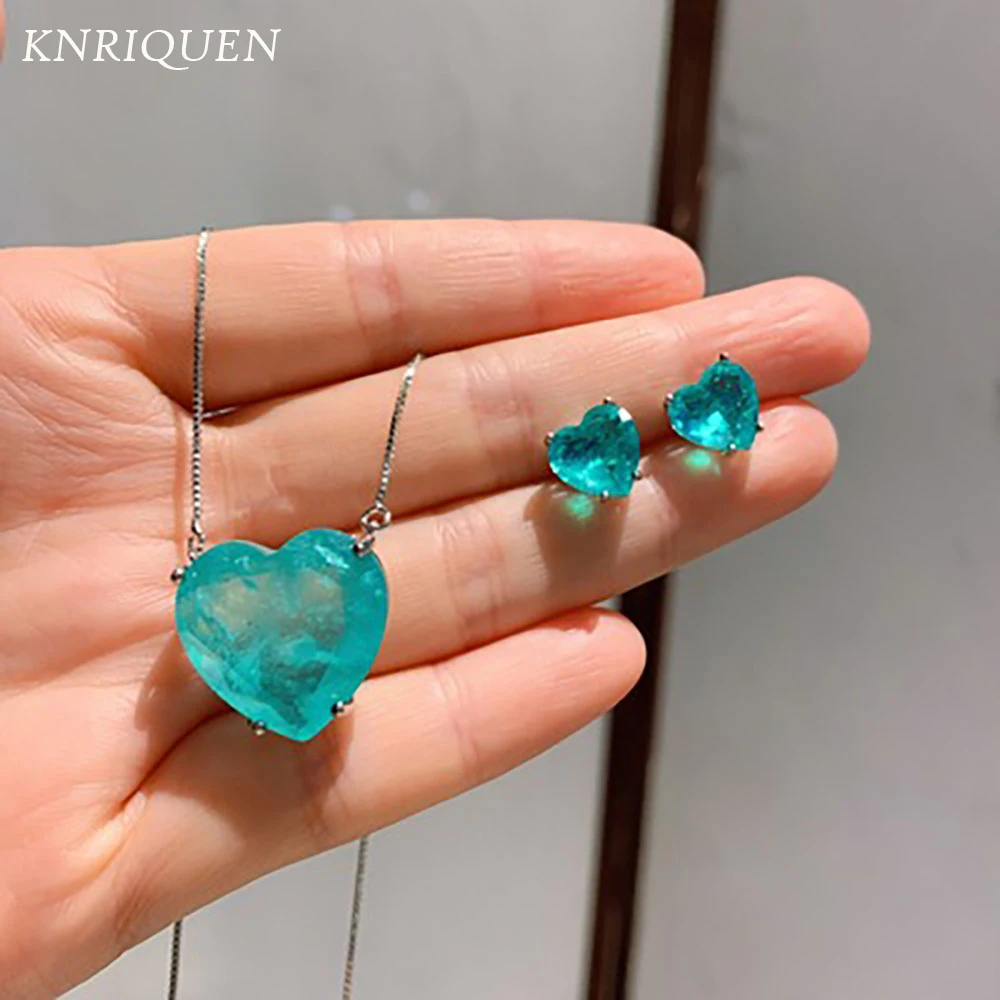 Conjuntos de joyas de boda con dijes para novia, Paraiba azul Vintage, turmalina, corazón, estrella del océano, colgante, collar, pendientes, declaración