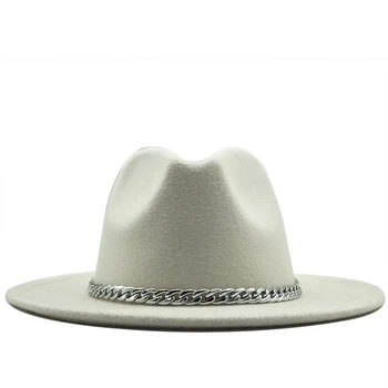 Sombrero Fedora de ala ancha de calidad para hombre y mujer, sombreros de fieltro de lana de imitación con cadena de Metal, decoración, Panamá, Chapeau, 58-60CM