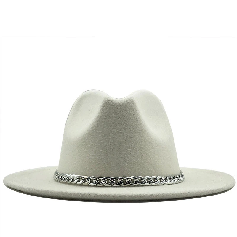  Quality Wide Brim Fedora Hat Women Men Imitation Wool Felt Hats with Metal Chain Decor Panama Fedoras Chapeau Sombrero 58-60CM |