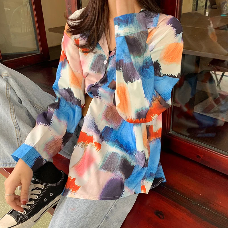 Французские рубашки женские блузки рисунок граффити уличная одежда рубашка с