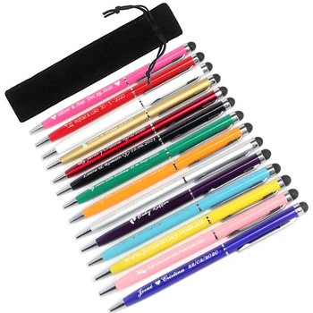 

50pc Personalized Mini Metal Stylus Engraved Coloful Ballpoint Touch Screen Pens Wedding Favor Customized Gift With Bags