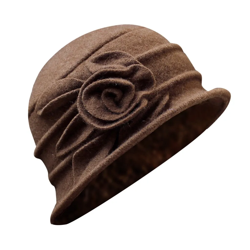 Coffee Женская шляпа с широкими полями, Осень-зима, теплая, для взрослых, для отдыха, Панама, цветок, фетр, винтажная, круглая, котелок, кепка, модная, элегантная, GRS - Цвет: Coffee
