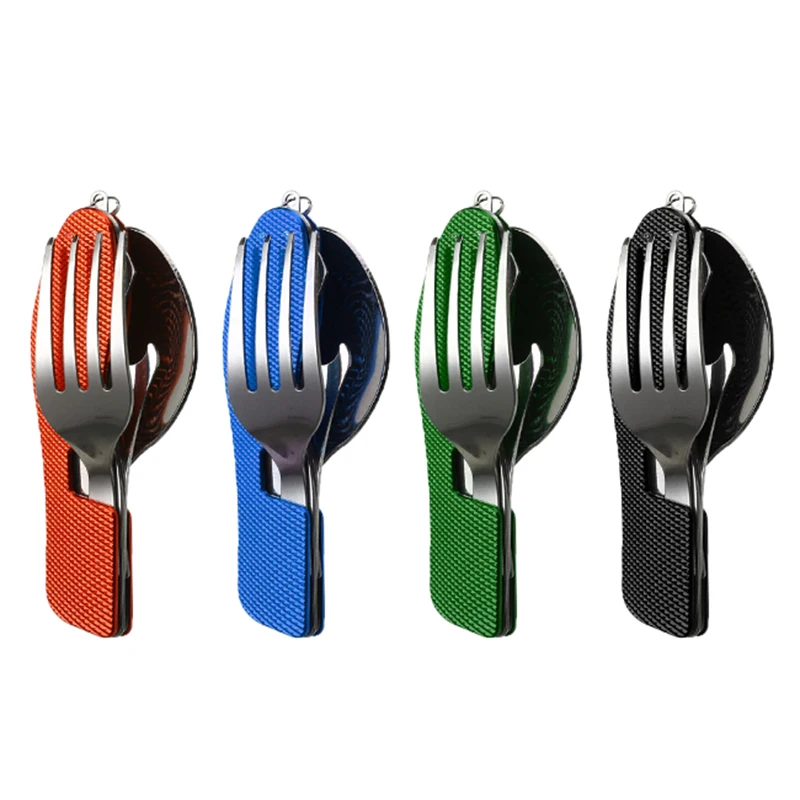 

For Hiking Survival Travel 4 in 1 Outdoor Tableware Set Fork / Spoon / Knife / Bottle Opener Stainless Steel Folding Pocket Kits