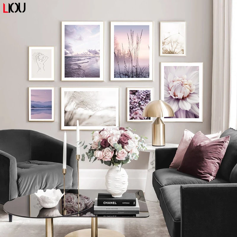 Картина холст фиолетовый sea purple pink peony seagull настенное искусство скандинавские