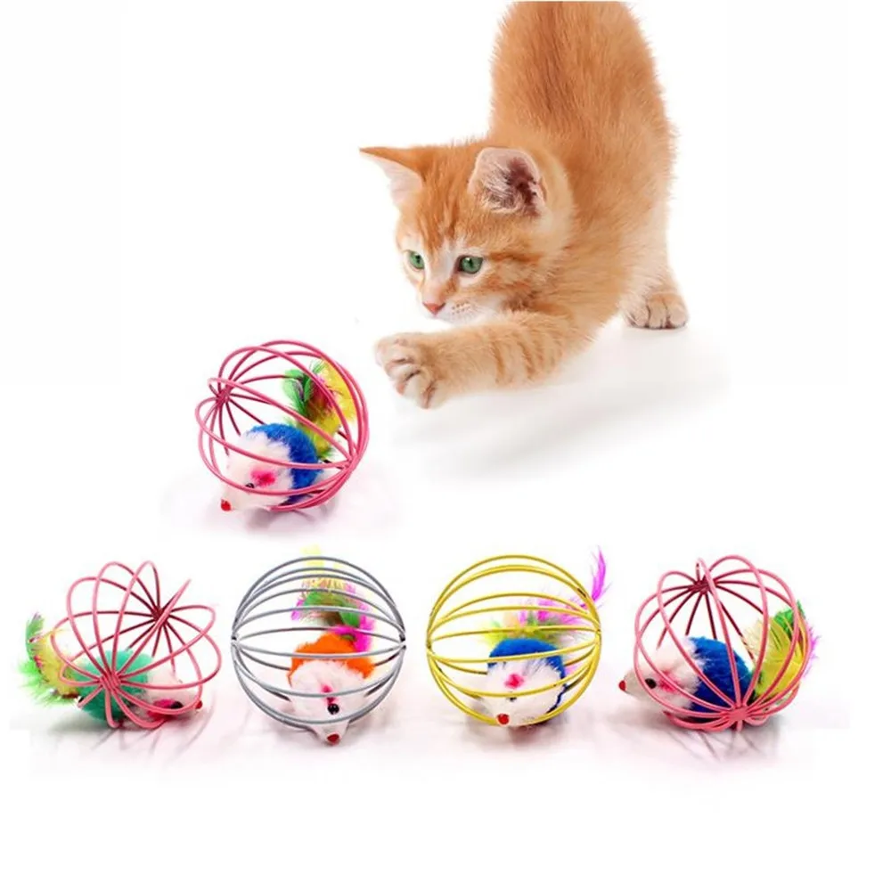 Забавная кошачья интерактивная игрушка, палочка из перьев, палочка с маленьким колокольчиком, клетка для мыши, игрушки из пластика, искусственная красочная кошка, Прорезыватель для домашних животных