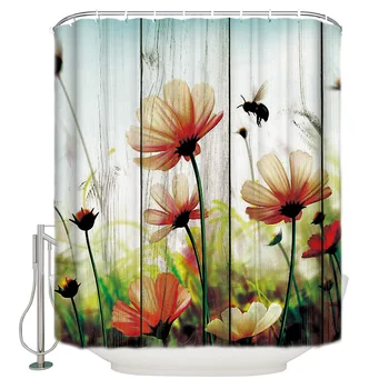 

Vintage Wood Textured Background With Yellow Petals With Insects Polyester Fabric Shower Curtain