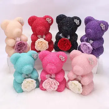 

HOT Valentines Day Gift Rhinestone Foam Bear with Austin Rose Soap Flower for Valentine Gift Box Birthday Gift Surprise