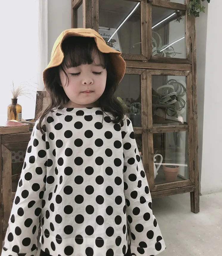 

2019 South Korea Children Spring And Summer Long Sleeve Crew Neck Polka Dot Pure Cotton Shirt