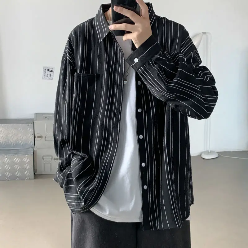 Shirt Stripe Long Sleeve Korean Version Style Couple Coat Streetwear Tidal Current College Recommend The Price Of | Мужская одежда