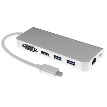 

6 In1 Docking Station Type-C to HDMI / VGA / Rj45 Gigabit Ethernet / USB 3.0 Portable Multi-Function Hub Converter