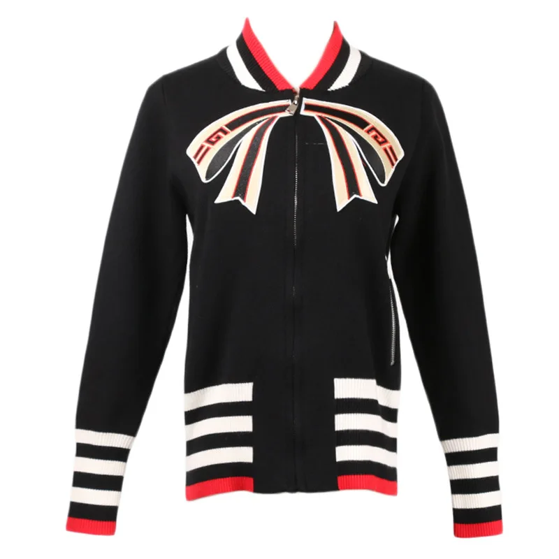 

New Black Sweater Bow Zipper Baseball Tall Waist Knitted Sweater Autumn 2019 Cardigans V-Neck Sweater Women