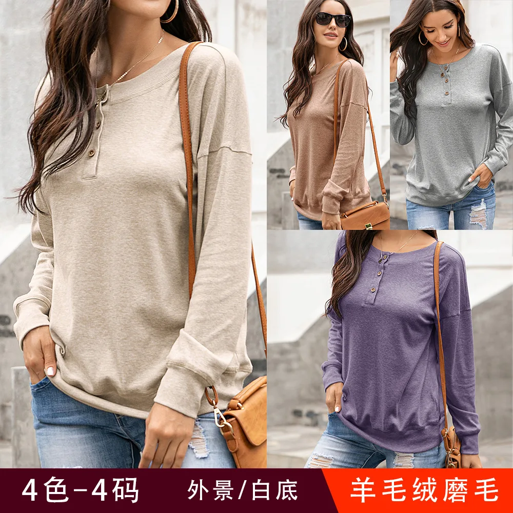 

Women's Hoodies Sweatshirts Female Round Neck Button Long-sleeved Casual Hoodies Pullover Sweatshirt Loose Top for Women
