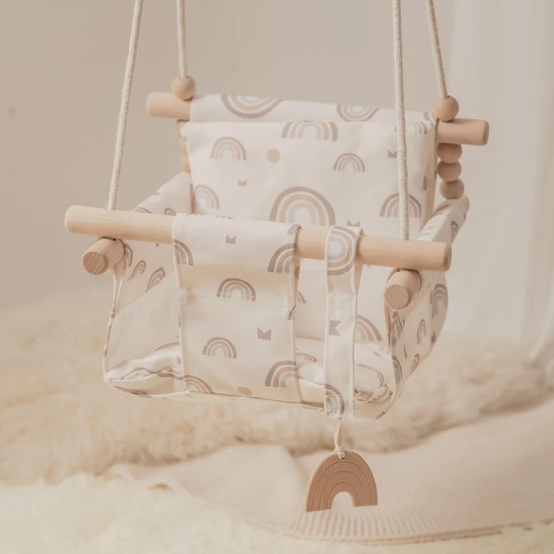 Baby Canvas Swing Chair Wood Toy Children Outside Indoor Basket Hanging Kindergarten Toy swingset Swinging Rocking Chair For Kid 5