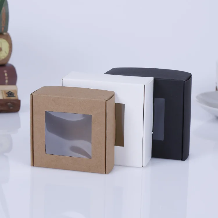 

50pcs window black craft wedding candy box packing gift cardboard boxes package white foldable paper box kraft with pvc