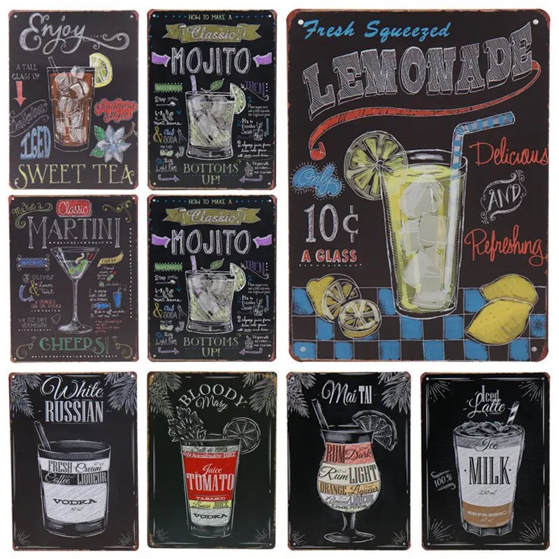 

30X20cm Bar Retro Tin Signs Mojito Martini Cocktail Plaque Pub Bar Art Stickers Wall Decor Plaque Metal Vintage Shabby Chic H34