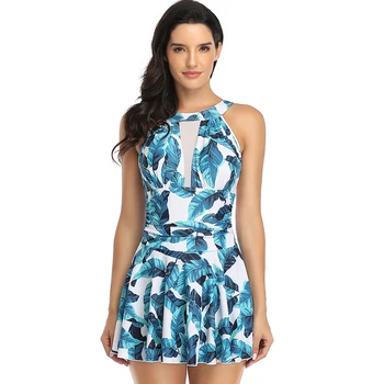 

Light Blue Palm Tree Leaf Print Mesh Skirt One-Piece Swimdress Large Size Style Multicolor Printing Vintage Sexy Swimsuit Women
