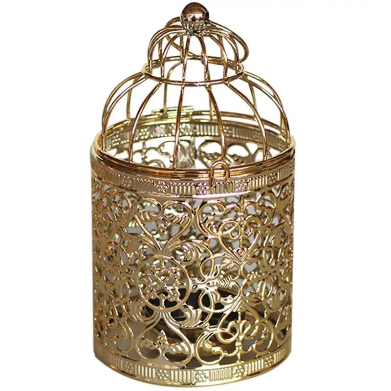 Железный винтажный полый подсвечник в виде птичьих клеток подставка для чайной свечи подвесной фонарь - Цвет: Gold