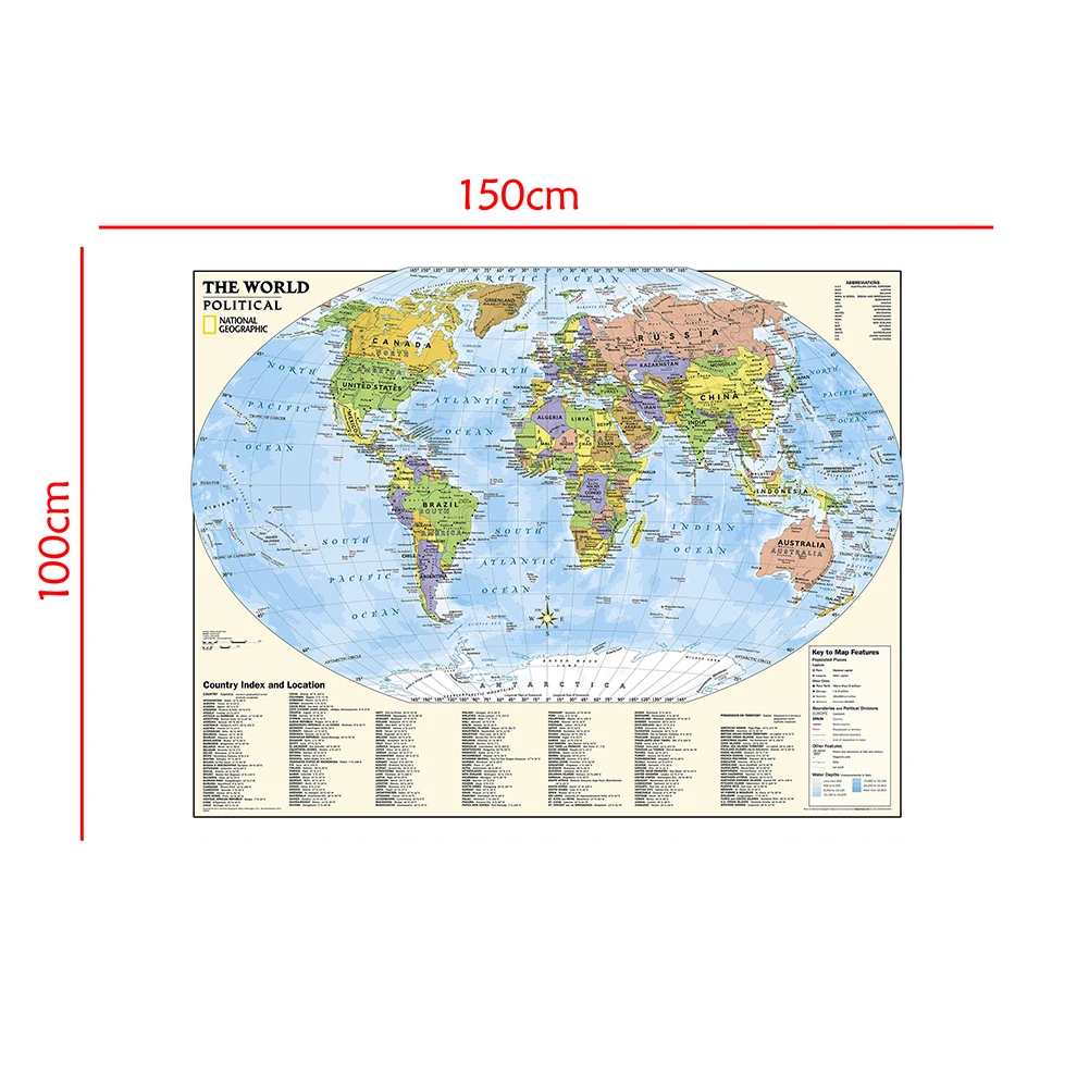 150x100 см физический мир с индексом страны и местоположением и ключом к карте для культуры и образования