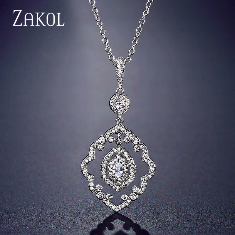 White Color ZAKOL персонализированные винтажные растения циркония Длинная подвеска ожерелье для женщин Девушка Мода Свадебная вечеринка подарки ювелирные изделия FSNP2080 - Окраска металла: White Color