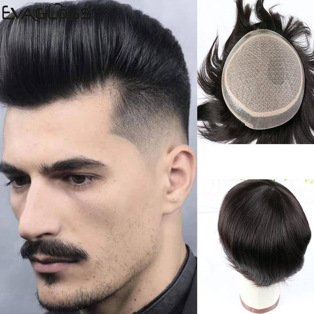 

EVAGLOSS Mens Hair Toupee Durable Silk Base Natural Indian Human Hair Mens Wigs Injection Lace Men Toupee Replacement System