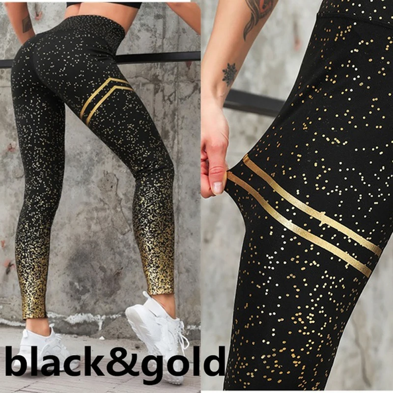 black-gold Леггинсы для тренировок с высокой талией, колготки для спортзала с эффектом пуш-ап, женские бесшовные легинсы с принтом, штаны для йоги, штаны для фитнеса, контроль живота, спортивные брюки - Цвет: black-gold