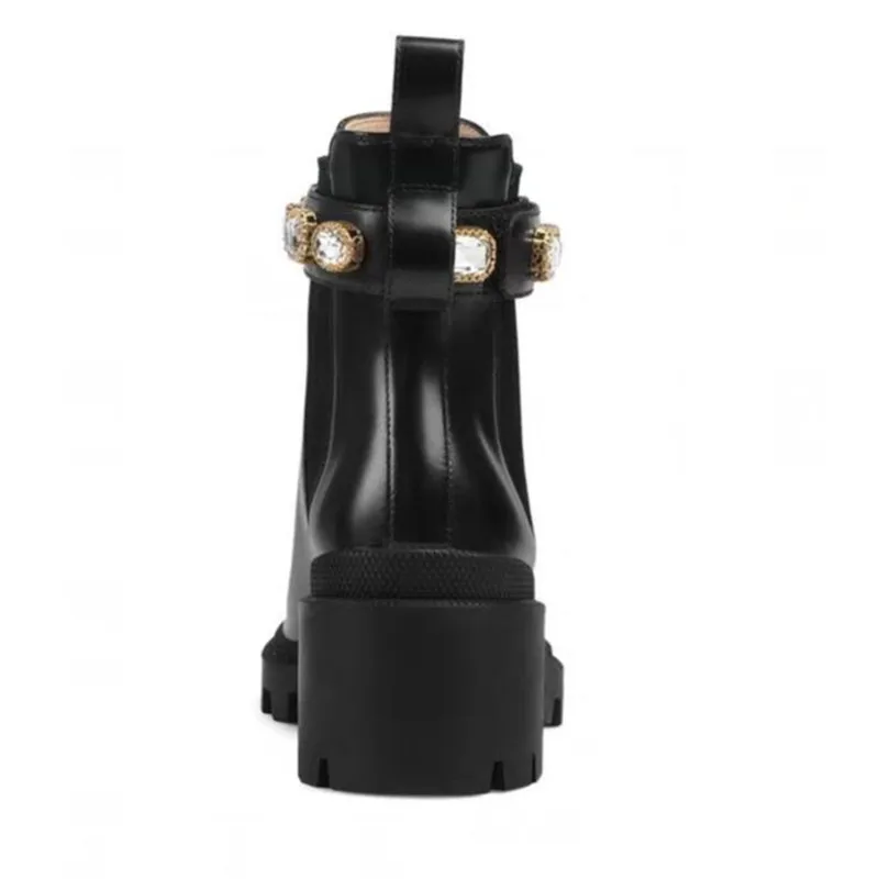 Rhinestone Boots Women Crystal Belt Design Ankle Boots Round Toe Platform Shoes Chunk Heels Leather Winter Militries Boots 20019