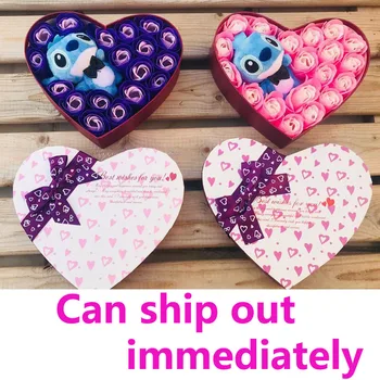 

Artificial soap flowers plush Lilo stitch toys case Valentine Day rose love ideas gift box set for i love my girlfriend women