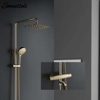 Online Thermostatic Three Functions Golden Brass Bathtub Diverter Mixer Tap Multifunction Hand Held Shower Head Bathroom Faucet