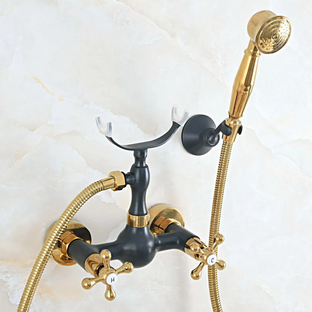 

Gold & Black Oil Rubbed Brass Wall Mount Bathtub Faucet with Handheld Shower Set +1.5M Hose Mixer Tap 2na533