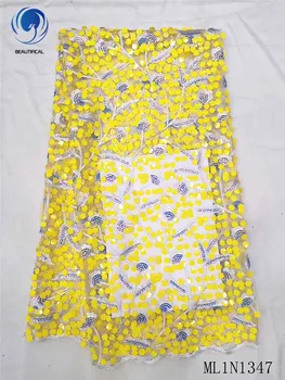 

Beautifical african lace fabrics Latest design yellow sequins net lace fabric for dress 5yards nigerian tulle lace ML1N1347