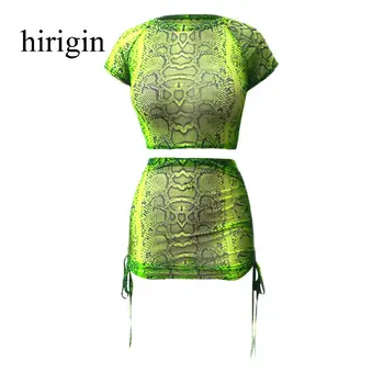 

Fashion Ladies Snake Print Two Piece Set Streetwear Women Summer Short Sleeve Bandage Crop Top Skirt set Party Club 2 piece set