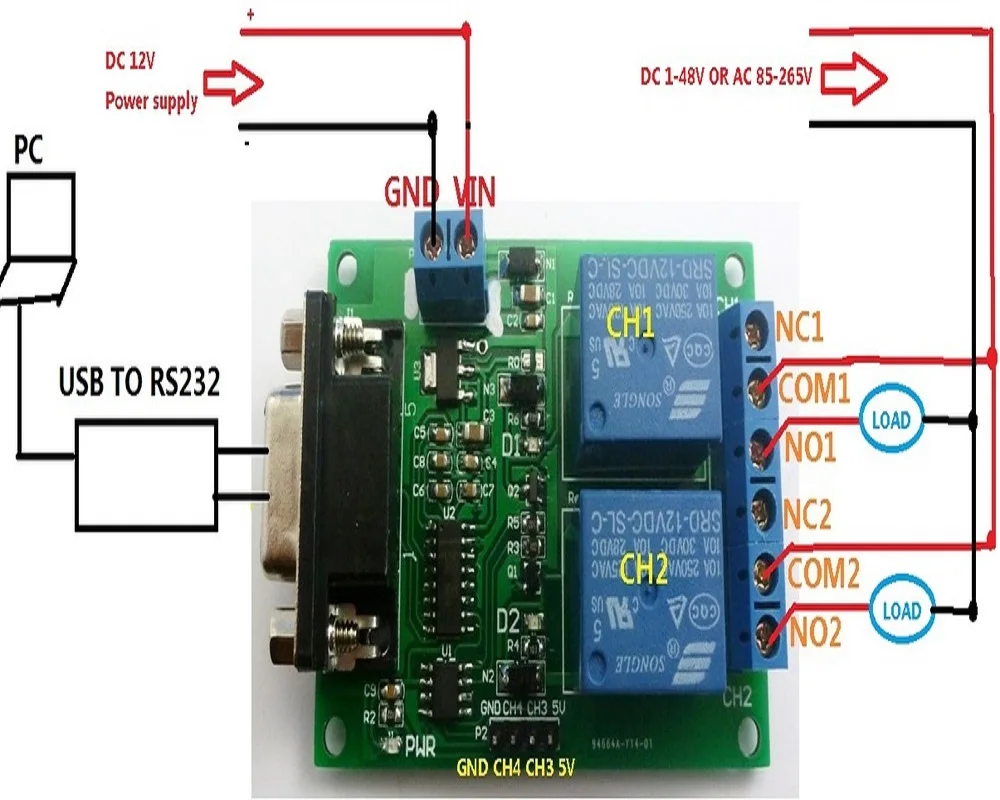 TB351 2 канала последовательный порт релейный модуль DC 12 В ПК компьютер USB RS232 DB9 RS485 UART пульт дистанционного управления коммутационная плата