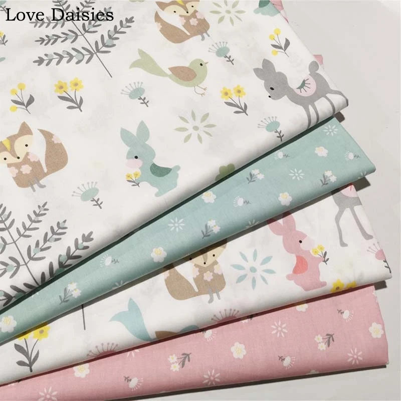 Хлопок саржа белый мультфильм розовый зеленый кролик лиса птица маленький белый цветок ткань детская простыня домашний декор ручной работы платье ремесло