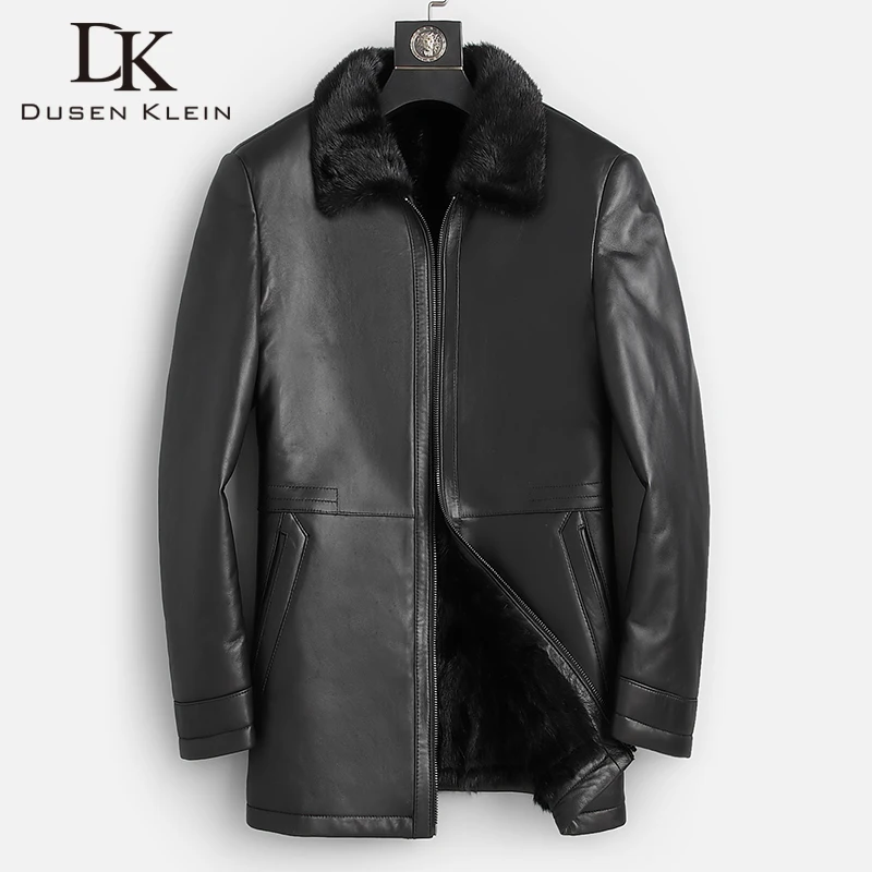 DK New luxury Mink Fur Coat Men Medium Long Real Sheepskin Leather Jackets Top Quality Black Natural Leather Clothing