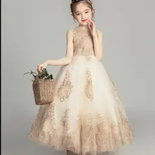 Golden Sequin Lace Girl Wedding Dress Long Flower Girl Dress Princess Party First Communion Gown Baby Girl Baptism Pageant Gown